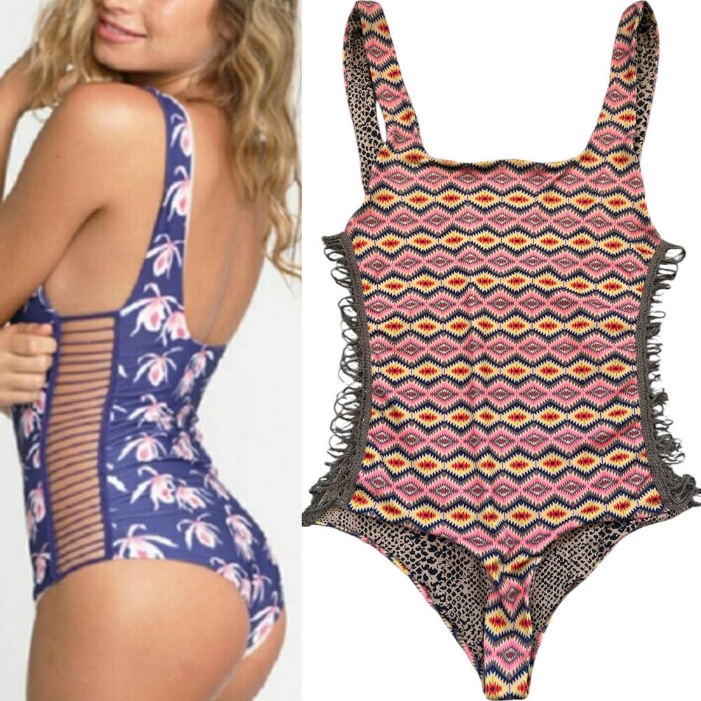EUC Acacia Swimwear Bordeaux Crochet Side Retro Multi Pattern 1 piece swimsuit M